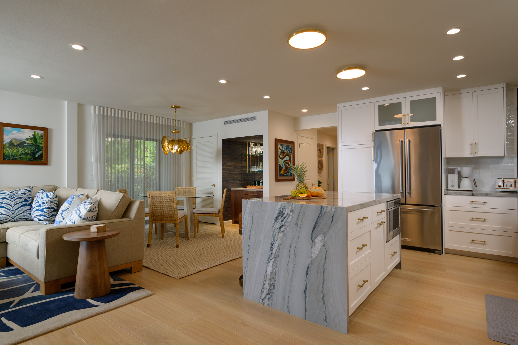 Renovated living room and kitchen at Wailea Elua 201
