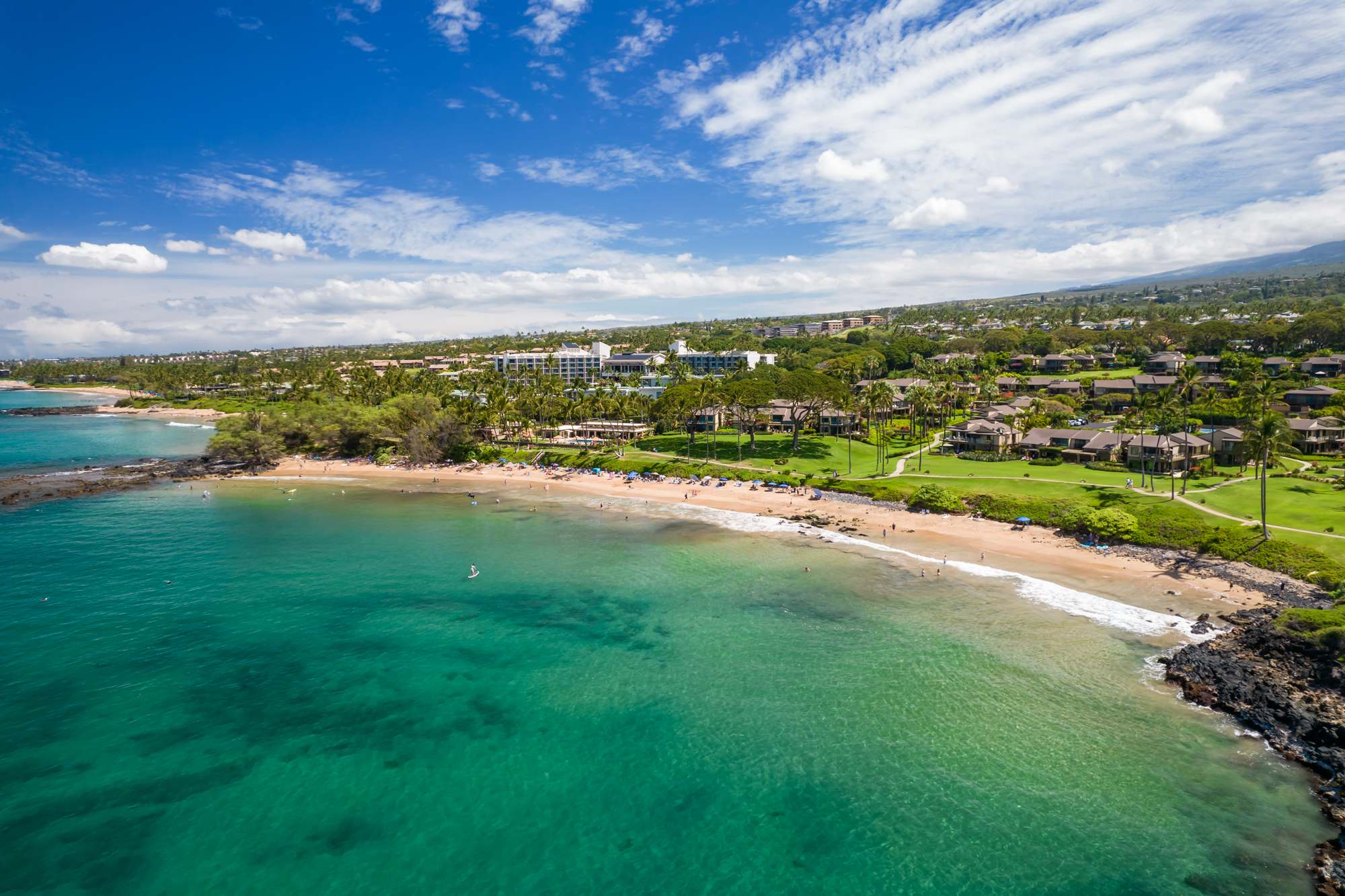 Aerial view of Ulua Beach and the Wailea Elua resort grounds